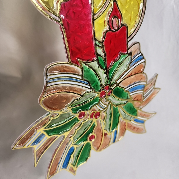 Vintage Suncatcher Christmas Candles and Holly Plastic Stained Glass Ornament - Picture 11 of 13